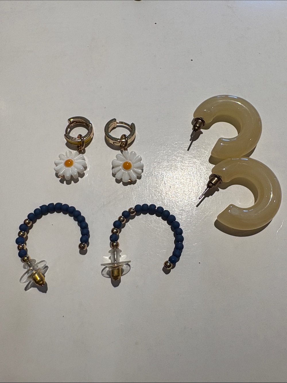 Set of 3 Pair Earrings — Cream Hoops, White Daisy, Navy Beaded, Gold-Accented